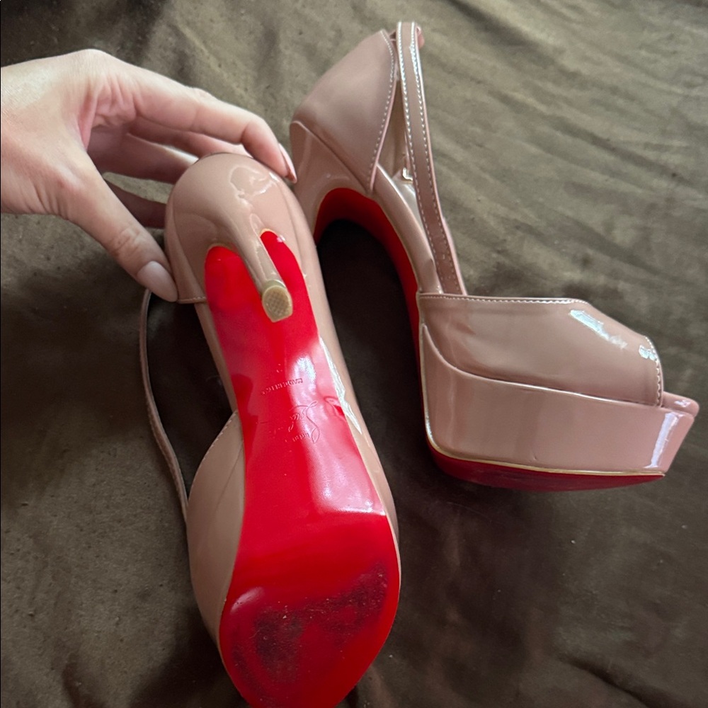 Christian Louboutin Blush Pink Patent Leather Peep-Toe Heels - Picture 3 of 3